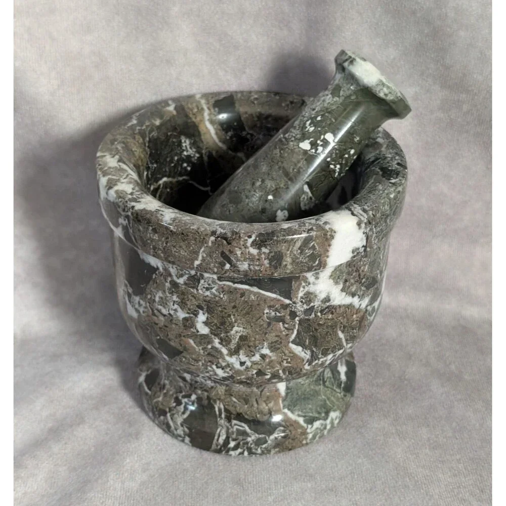 Stone Mortar & Pestle Set Gray Green & White Marbled Pattern Solid Onyx Material